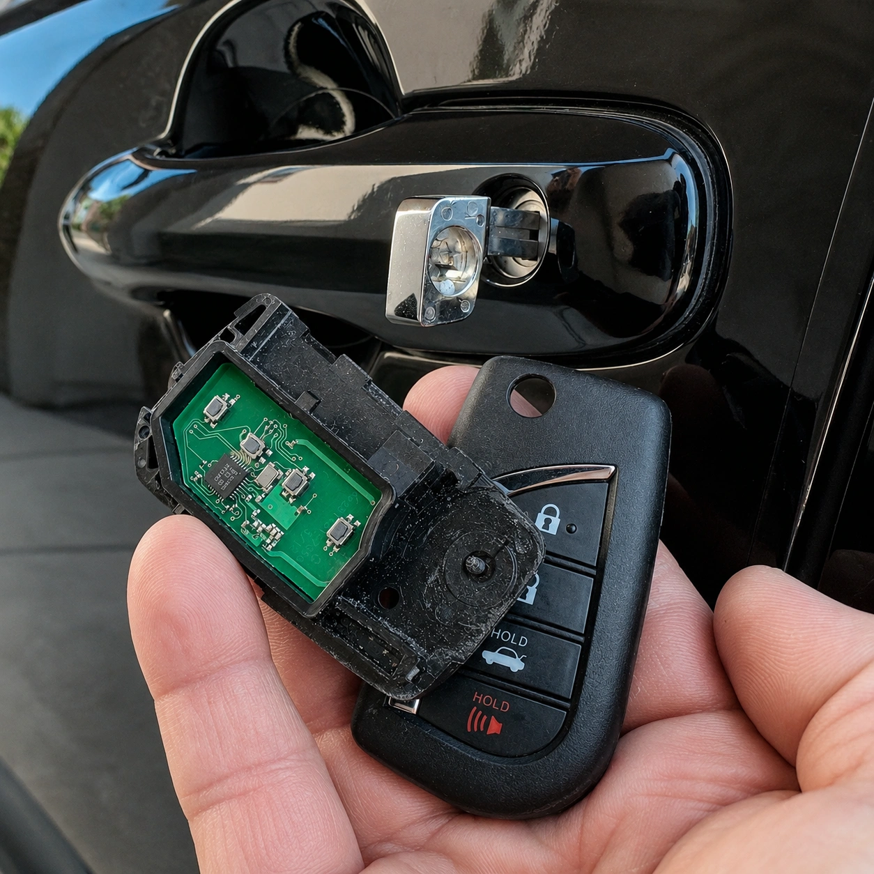 Damaged Toyota Corolla key fob circuit board