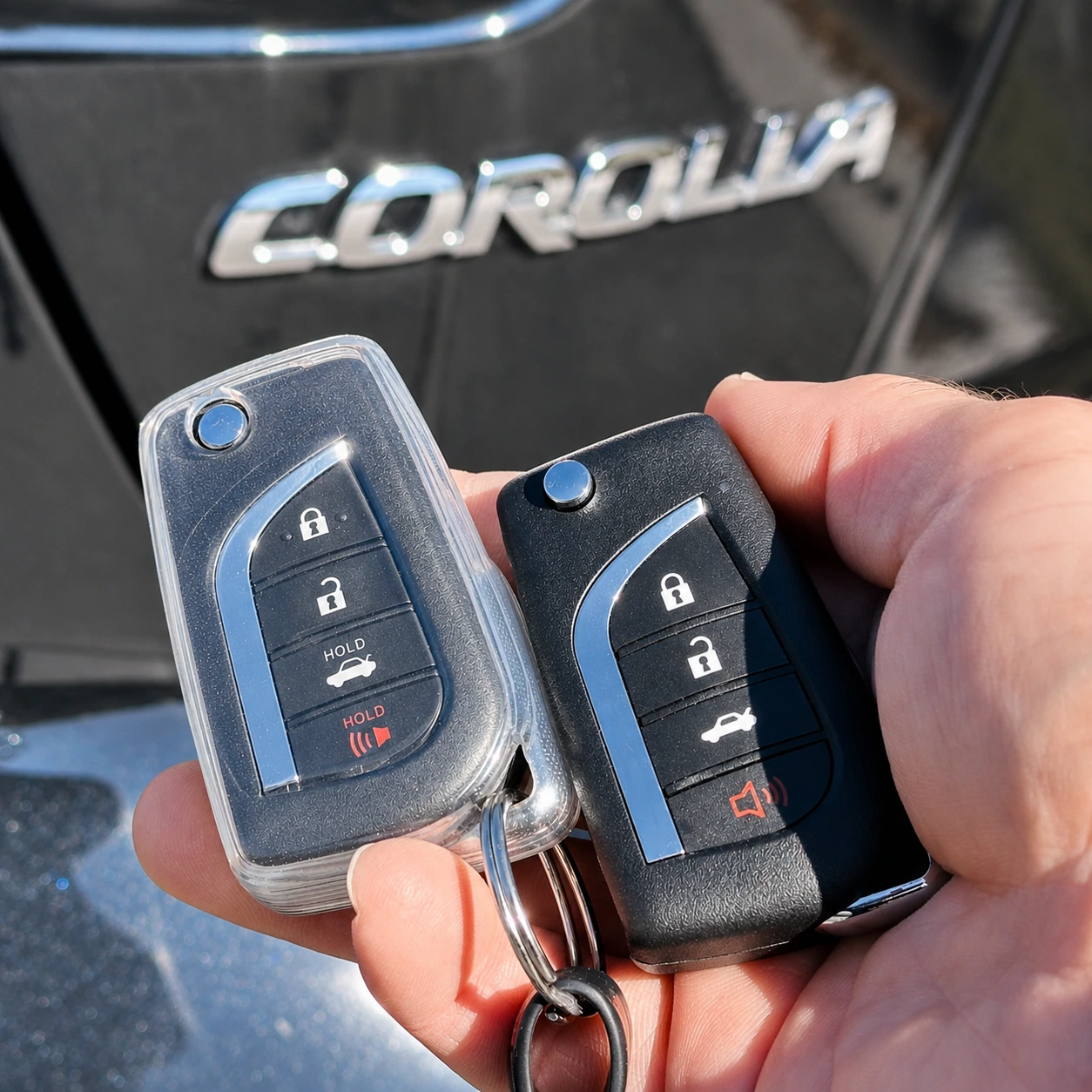 Original and spare car key fobs side by side