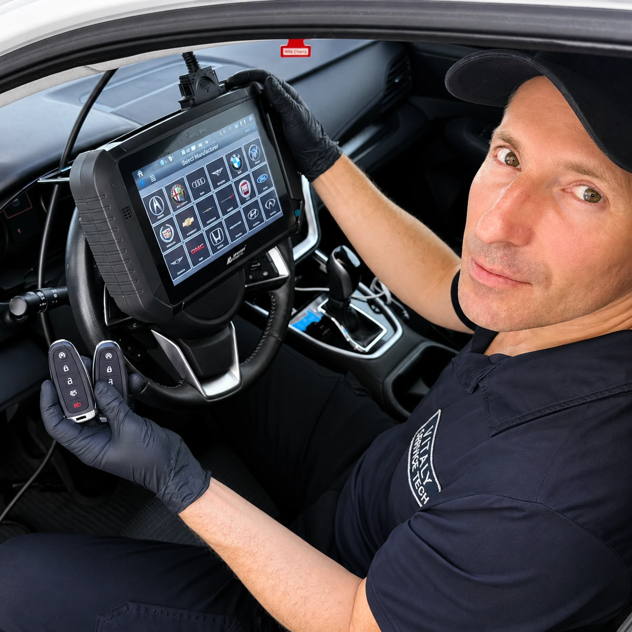Locksmith handing a spare car key to a customer